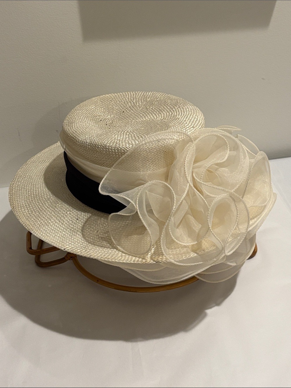 Vintage Kates Canada Ivory Straw Hat with Plum Band & organza embellishment